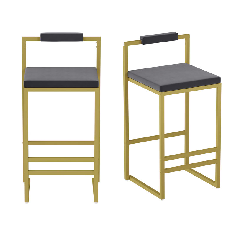 Ensemble de 2 tabourets de bar avec dossier et repose-pieds, chaises de salle à manger rembourrées en velours pour îlot de cuisine (doré et gris)