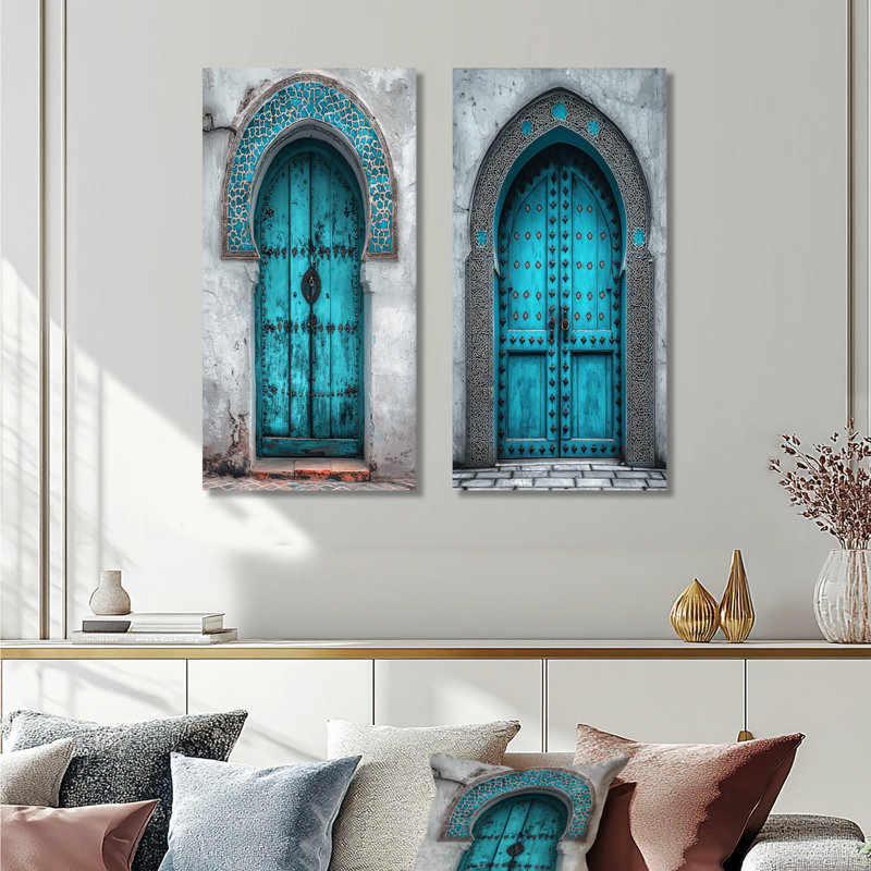Souk bleu, sérénité accentuée de gris I - ensemble d'art mural marocain 2 pièces, Toile tendue, H 28 po x l 24 po