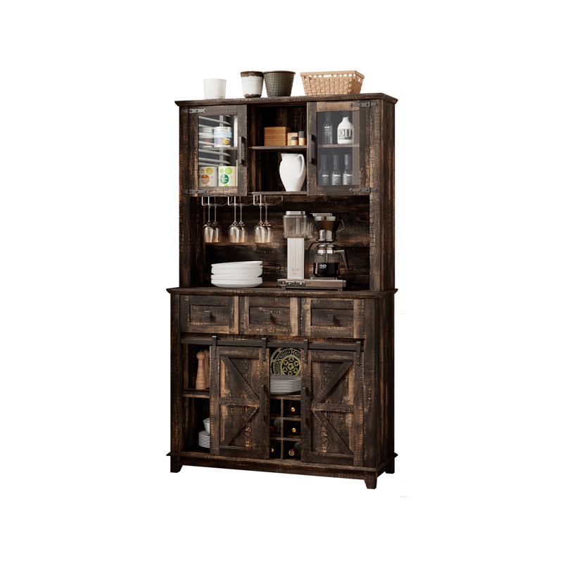 Marlborough 72'' W Farmhouse Bar Cabinet with LED lights and Sliding Barn Doors,Oak, Dark Rustic Oak