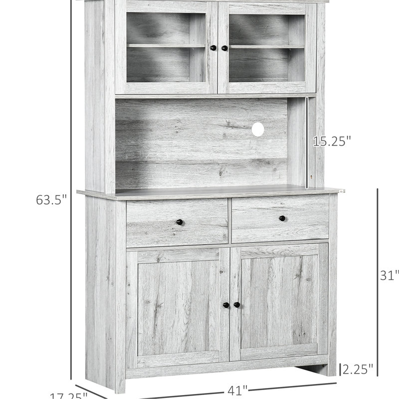 63.5" Kitchen Buffet With , Pantry Storage Cabinet, 4 Shelves & Drawers, Framed Glass Doors, Ash Grey, Extra Space For Dishes Appliances And Space, Shelves, Microwave Counter Open