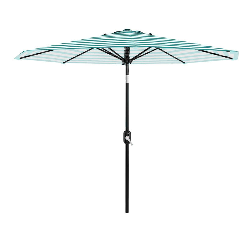 Parasol de patio 10 pi, 8 baleines robustes, avec manivelle et inclinaison à bouton-poussoir, Turquoise Blue & White Stripe