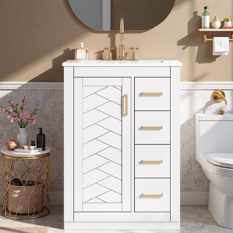 Meuble-lavabo avec lavabo en céramique, 1 armoire et 3 tiroirs, Blanc