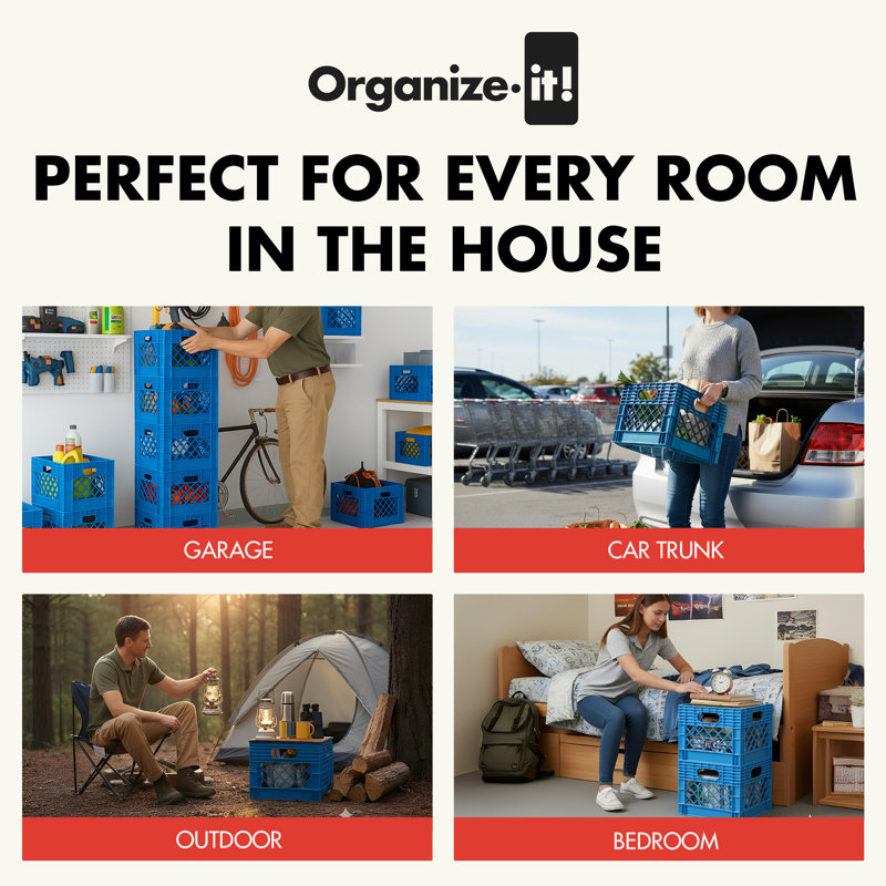 ORGANIZE-IT! Storage Milk Crate, Heavy-Duty Versatile Organizers, Black, 4 Pack, Black
