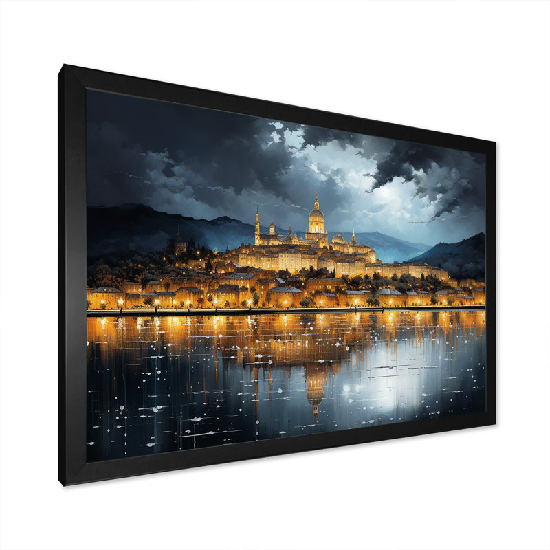Ville française de Lyon, paysage sur toile, Cadre simple noir, H 24 po x l 32 po x P 1 po