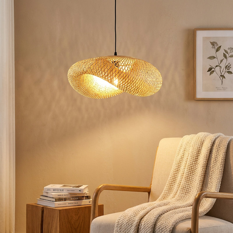 Cordrey Farmhouse Woven Bamboo Pendant Lighting Fixtures, Adjustable Vintage Rustic Rattan Ceiling Hanging Light