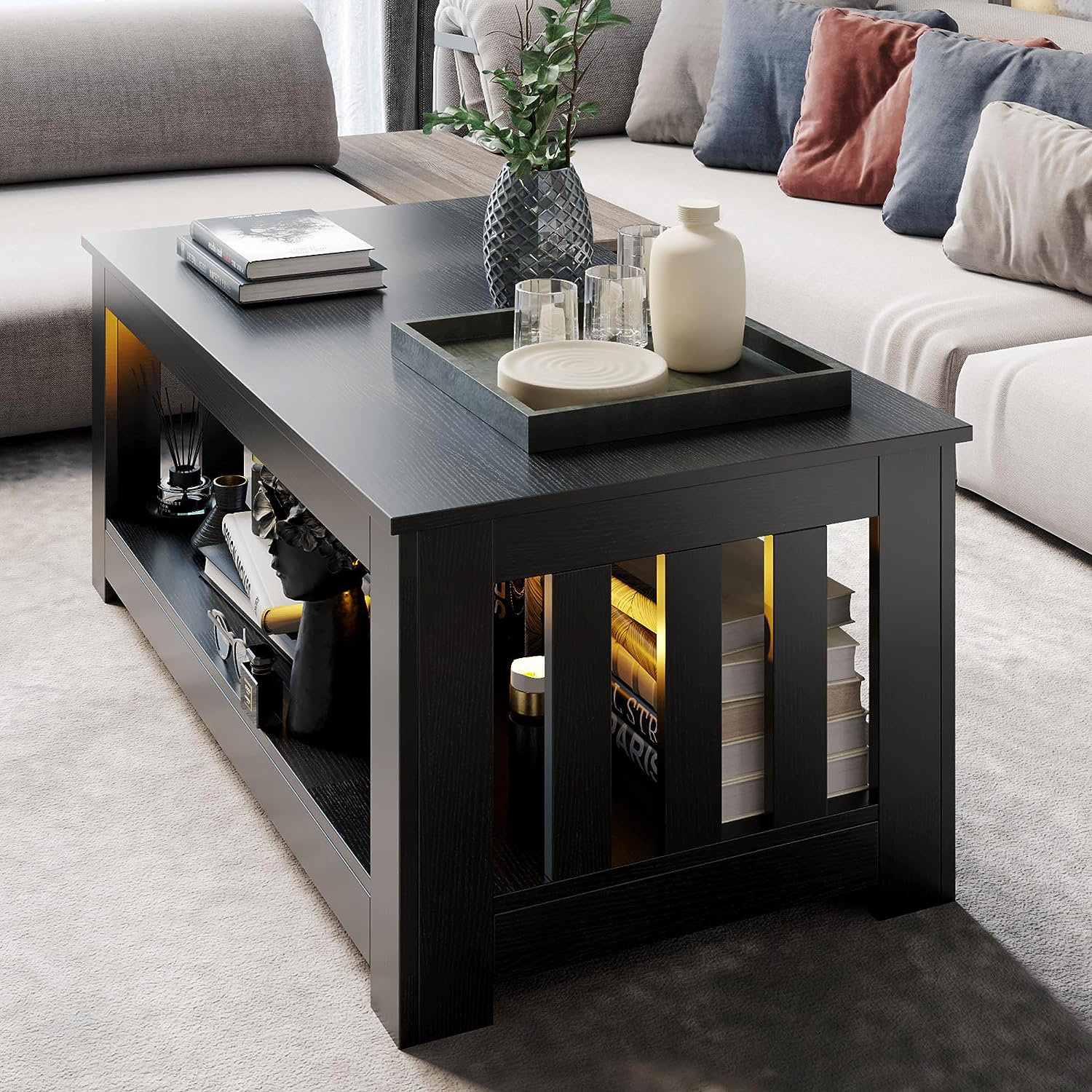 Latitude Run® Black Coffee Table, Wood Coffee Tables For Living Room, 2