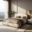 Élégant grand lit tapissier avec tête de lit courbée Boucle - Pieds en bois massif blanc pour une chambre confortable et luxueuse-148618120