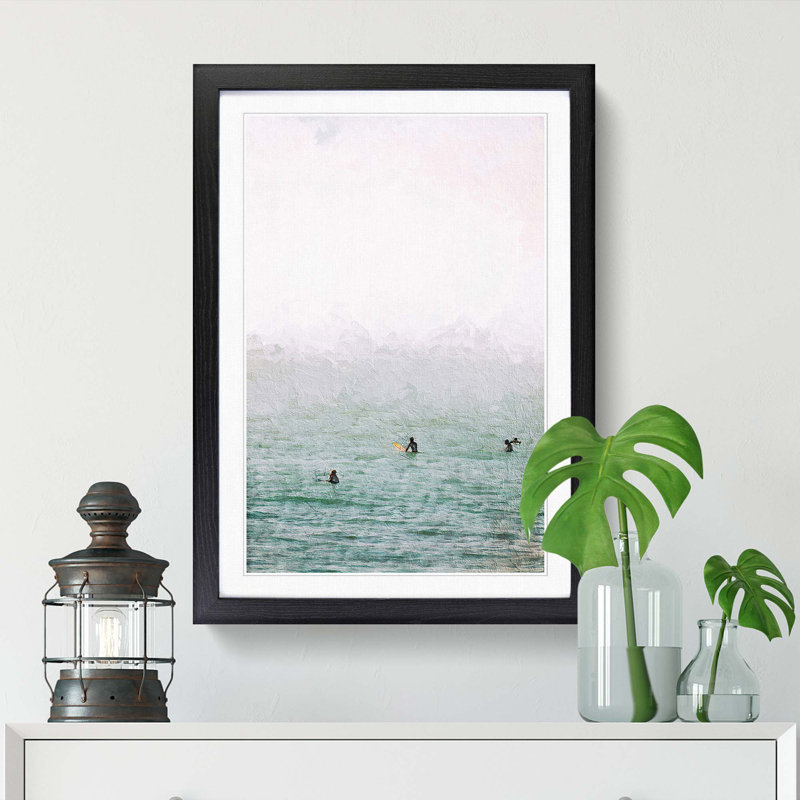 Surfers Waiting to Surf - Picture Frame Painting Print on MDF, Black Framed, 36cm H x 27cm W x 2cm D