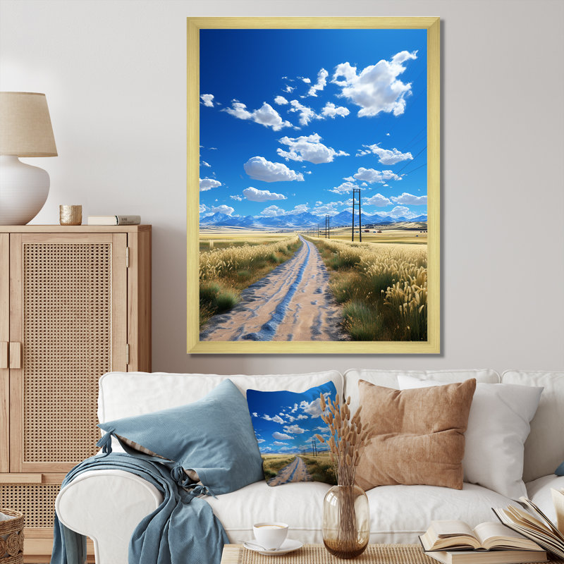 «Lonely Road Through Prairies», reproduction sur toile, Encadrement doré, H 32 po x l 16 po
