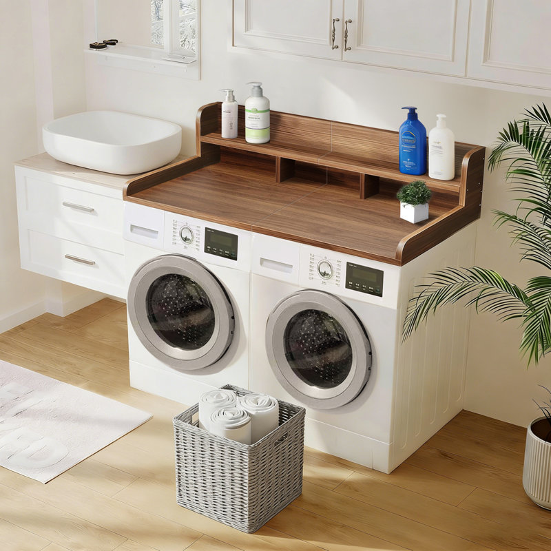 Washer Dryer Countertop with Non-slip Pads, Laundry Wood Shelf Topper with Edge, 58" Width x 28" Depth Double Layer Organizer for Washer and Dryer Laundry Hamper Counter Storage Organization (WALNUT)