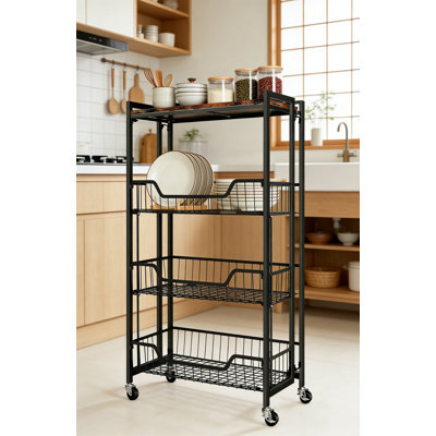 Collapsible Wooden Storage Shelf With Locking Wheels - Heavy Duty 4-Tier Organizer For Kitchen, Garage, Workshop - No Assembly Required, 100 Lbs Capacity, Space-Saving Design