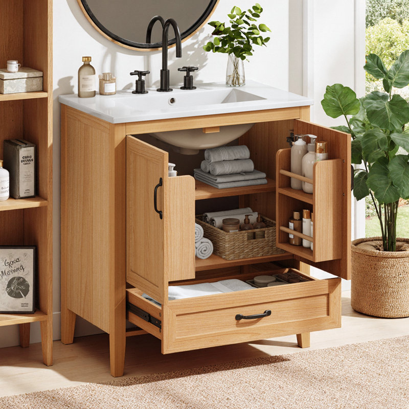 Meuble-lavabo de 30 po en grain de bois naturel avec comptoir en céramique, pieds en bois massif, portes doubles et tiroir inférieur à fermeture en douceur, tablette intérieure réglable, organisateurs de porte pour les petites et les salles de bain d'invités
