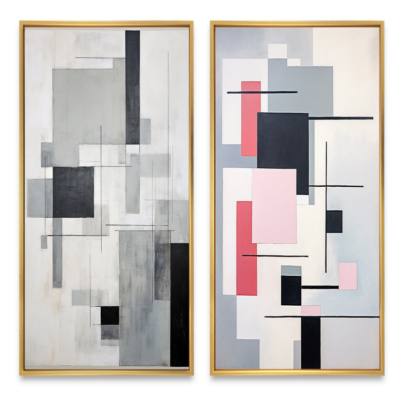 «Suprematism Geometric Serenity», 2 pièces, Encadrement doré, H 24 po x l 20 po