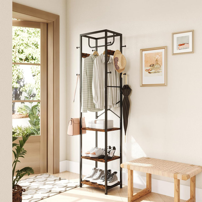 Independent Coat Rack, Hall Tree, With 3 Storage Racks And 12 Hooks, Brown