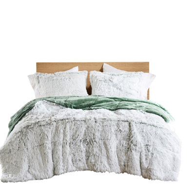 Édredon double / grand en fausse fourrure synthétique à poil long avec rembourrage blanc, lavable à la machine à l'eau froide, deux taies décoratives 3 pièces pour matelas, conception blanche, revers doux, -