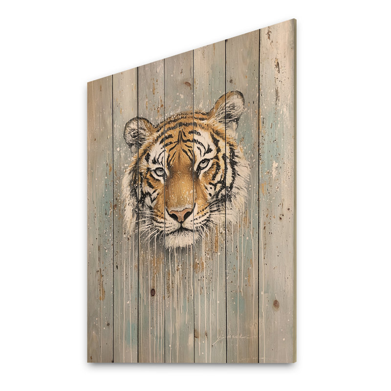 Tigre sous la pluie I - Impression moderne sur bois de pin naturel orange, H 40 po x l 30 po