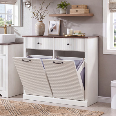 Armoire à linge cannelée inclinable avec tiroirs coulissants, armoire de rangement à double porte en bois avec panier en tissu de 20 gallons pour la salle de bain et la salle de lavage