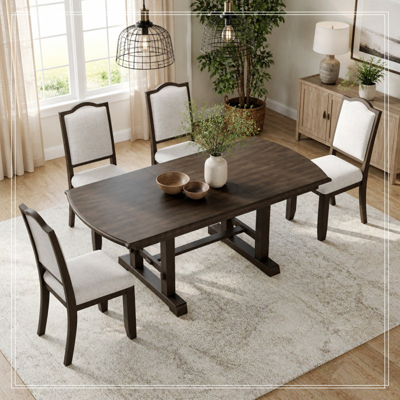 5 pièces en bois extensible avec rallonge amovible et 4 chaises rembourrées, Brun