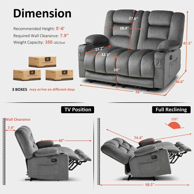 Electric Reclining Loveseat Sofa with Heat and Massage, Fabric Power Loveseat Recliner, Gray, 42.5" H x 56" W x 36.6" D