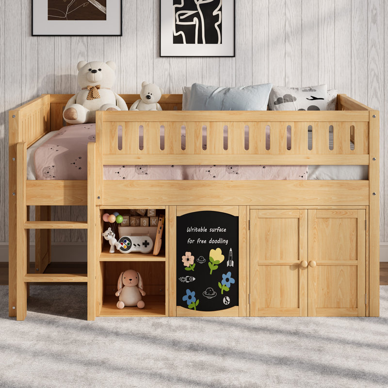Full Size Loft Bed with Storage Cabinet and Chalkboard Panel, Kids & Teens Loft Bed, Natural, Natural