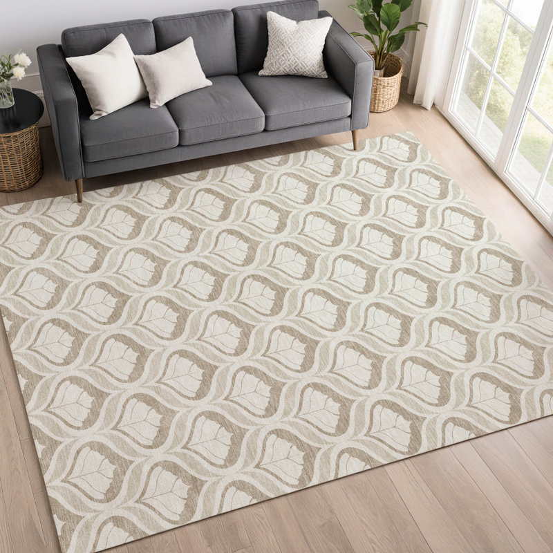 Tapis Ikat Mayfield AMF2379 lavable à la machine de qualité supérieure, Beige, 5 pi x 7 pi 6 po