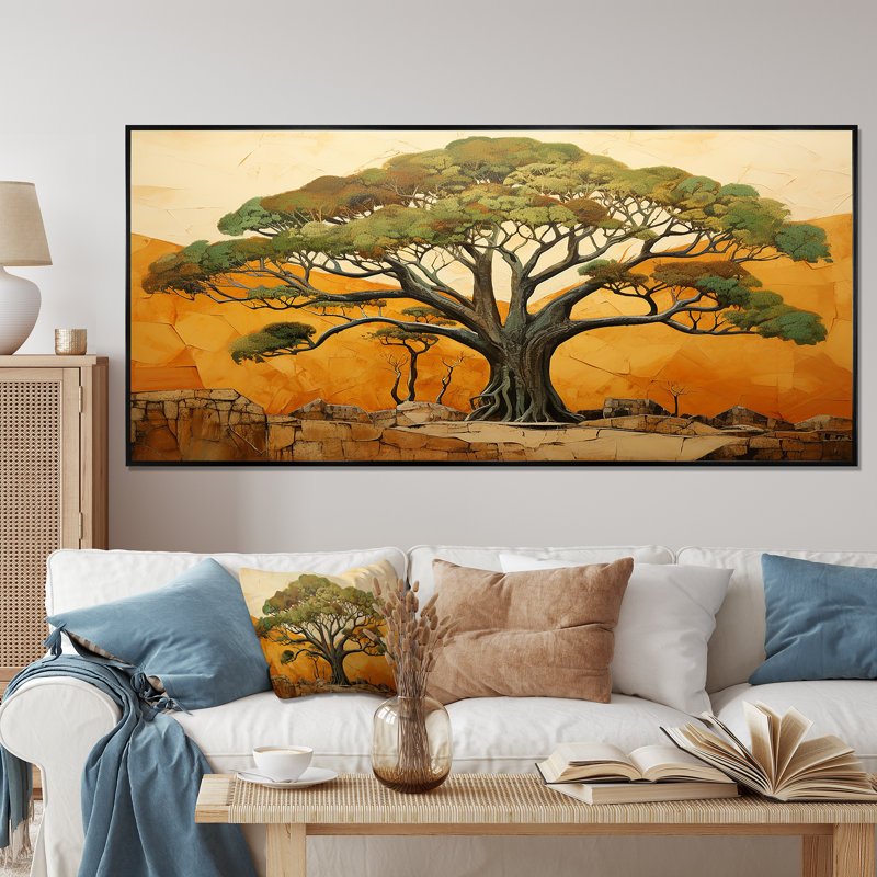 Baobab vert, arbre africain majestueux I - arbre, art mural africain, Cadre de coin blanc fermé, H 30 po x l 40 po x P 1,5 po