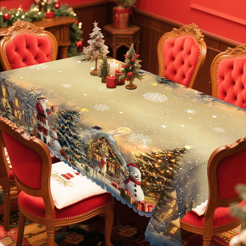 1pc Christmas Themed Print Tablecloth, Round/Rectangular Table Cloth, Mantel Para Mesa De Comedor, Xmas Decor, Holiday Party Indoor Dining Decor, Round Rectangle Christmas Table Cover, Festive Home Kitchen Accessory Gifts, Several Sizes Available