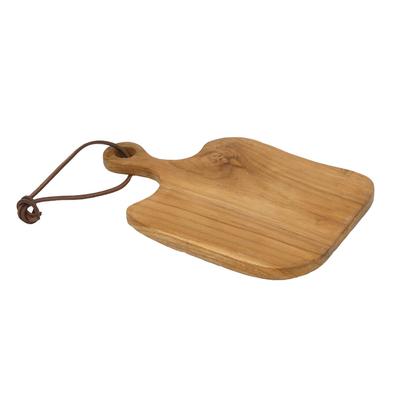Planche à découper en bois de teck avec sangle de suspension en cuir - 10 po x 15 po x 1 po - Brun