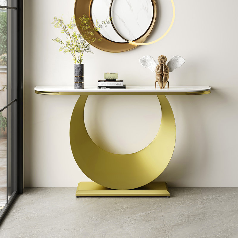 Demi-console de qualité supérieure avec plateau en faux marbre et base en métal doré