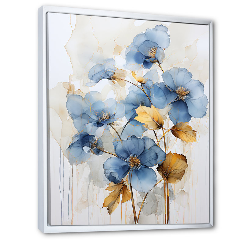 «Blue and Gold Adorned Violets I», reproduction sur toile, Cadre flottant blanc, H 20 po x l 12 po x P 1 po