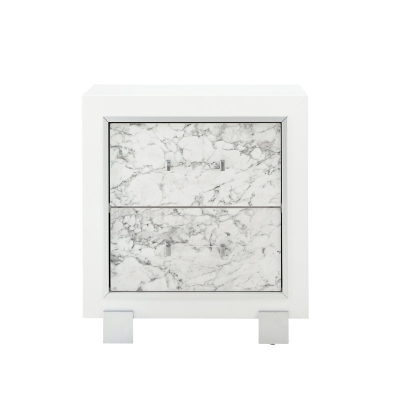 Table de chevet spacieuse en marbre blanc avec tiroirs décoratifs