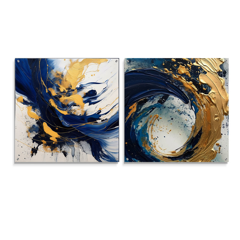 «Dark Blue And Gold Strokes II», ensemble de 2 verres muraux en acrylique, H 16 po x l 33 po