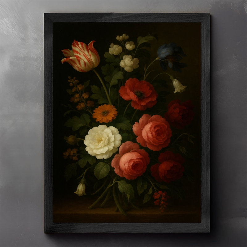 Reproduction encadrée noire rétro de diverses fleurs dans un vase, impressions sur toile de style rétro, H 25 po x l 17 po