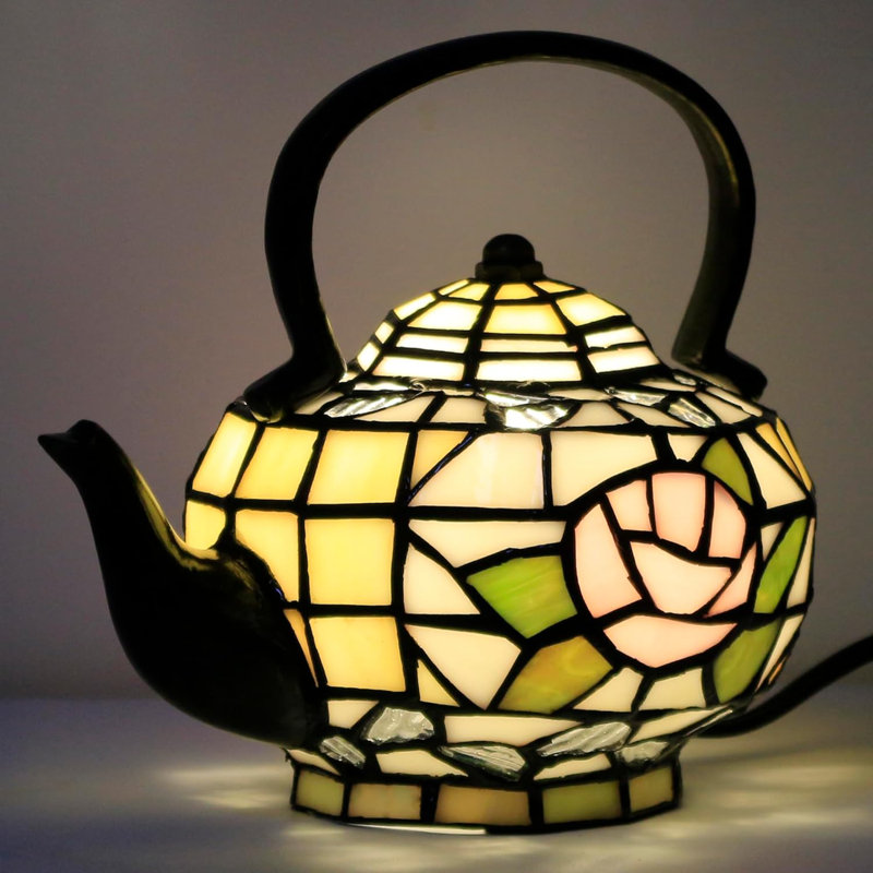 Amber Teapot Tiffany Style Stained Glass Accent Table Lamp