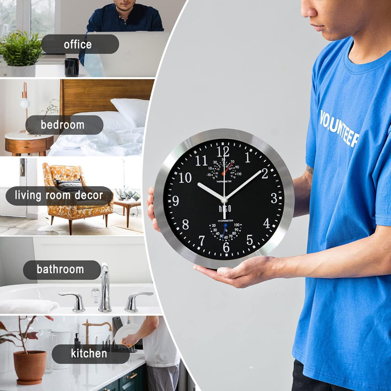 Horloge murale 10 po noire silencieuse avec cadre argenté