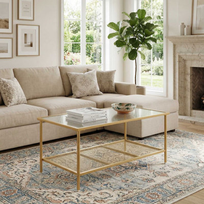 Sturdy Scratch Resistant 2 Tier Centre Tea Coffee Table With Premium Tempered Glass Top And Spacious Open Storage Shelf For Living Room