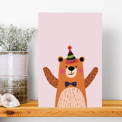 Happy Party Bear Minimalist Playful Bear Wall Art Print 1 Piece Wrapped Canvas Wall Art