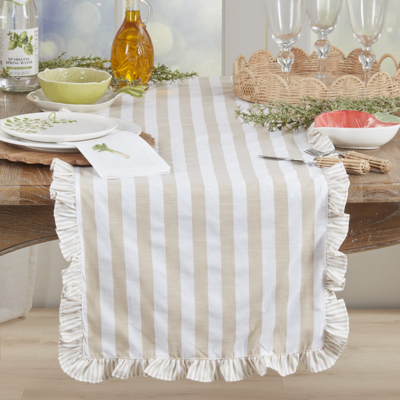 Striped Ruffle Edge Table Runner – Decorative Non-Reversible Cotton Blend Table Runner for Dining Table, 16"x72", Ivory