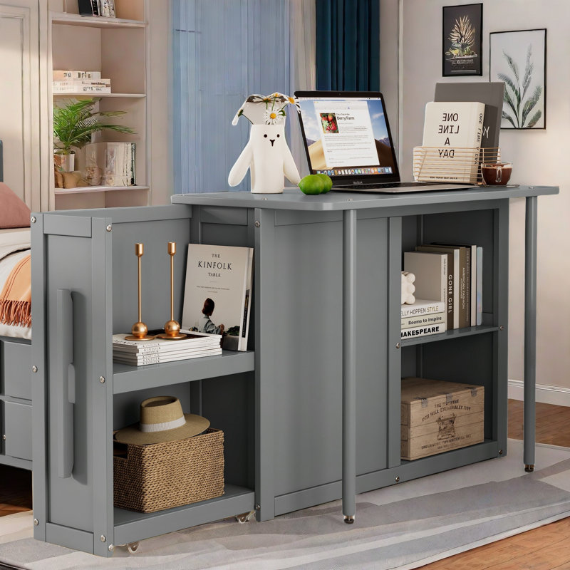 Matheny  Bed With Desk And Storage Shelves, Built-in Trundle And 3 Drawers, Gray