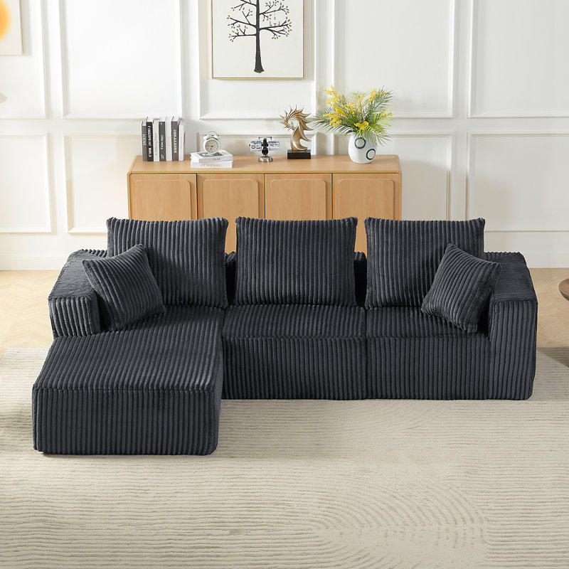Modular Sectional Sofa, Modern Corduroy Cloud Couch with Deep Seat, Upholstered 4-Seater Sofa, Dark Grey