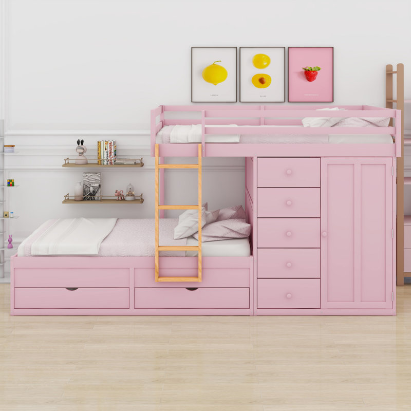 Bunk Bed With 2 Large Drawers 5 Small Drawers And Built-In Small Wardrobe, Sakura Pink