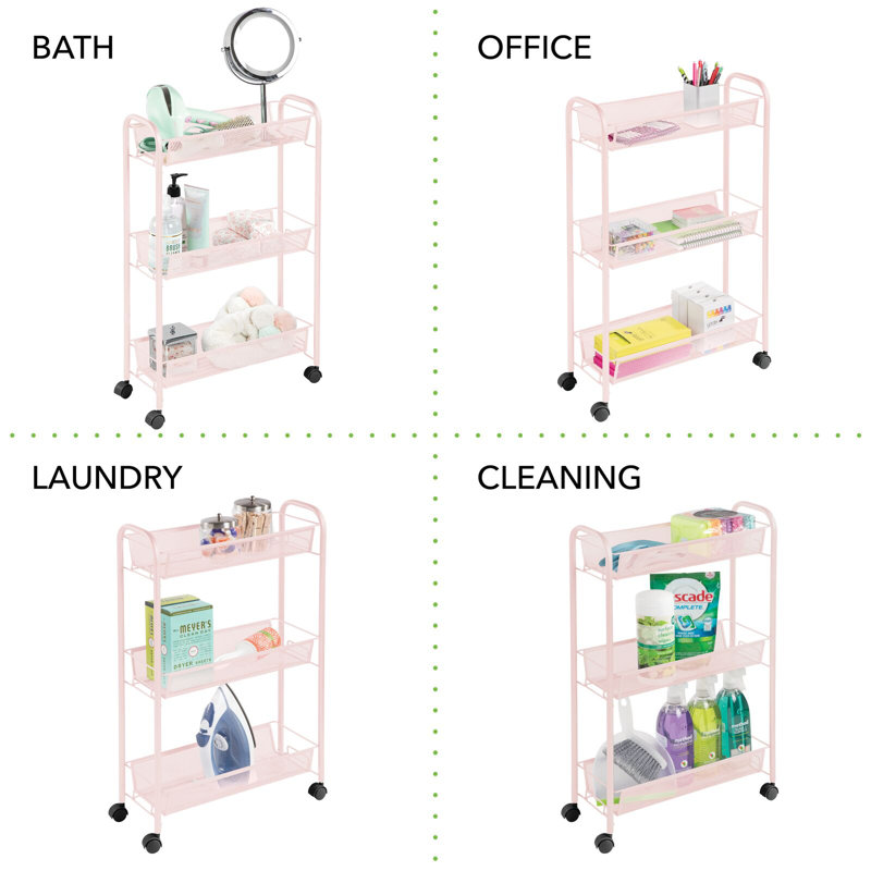Blush Pink Steel 3-Tier Rolling Laundry Cart with Shelves