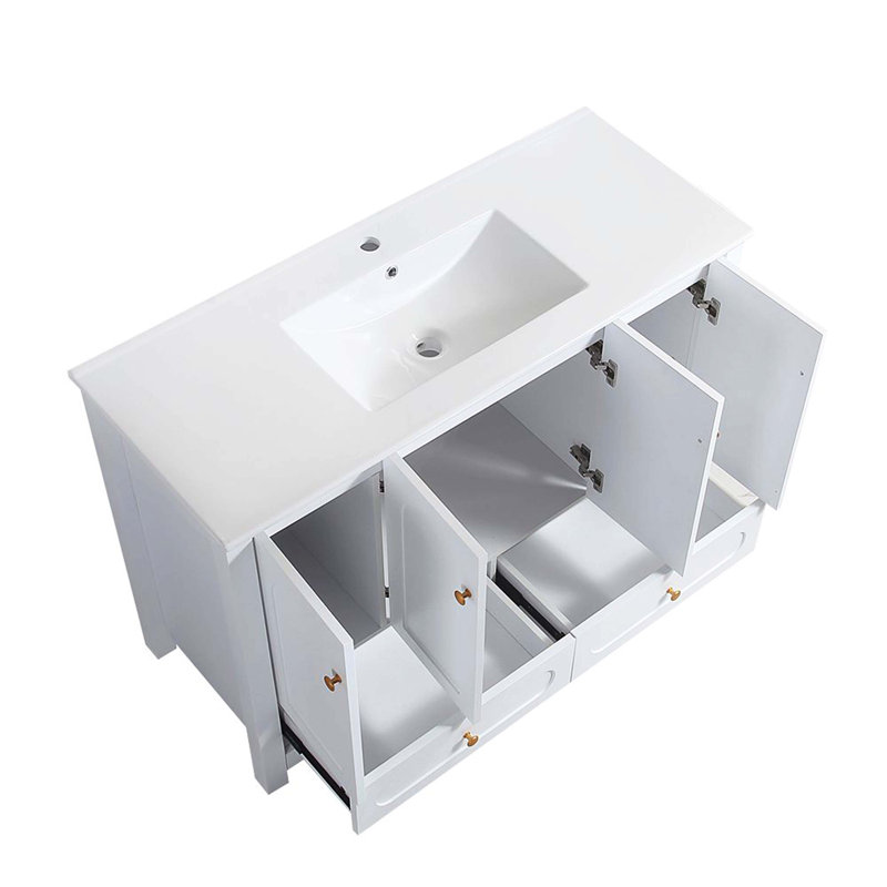 Meuble-lavabo de grande capacité avec plusieurs portes et tiroirs à fermeture douce, équipé d'un lavabo en résine, Blanc