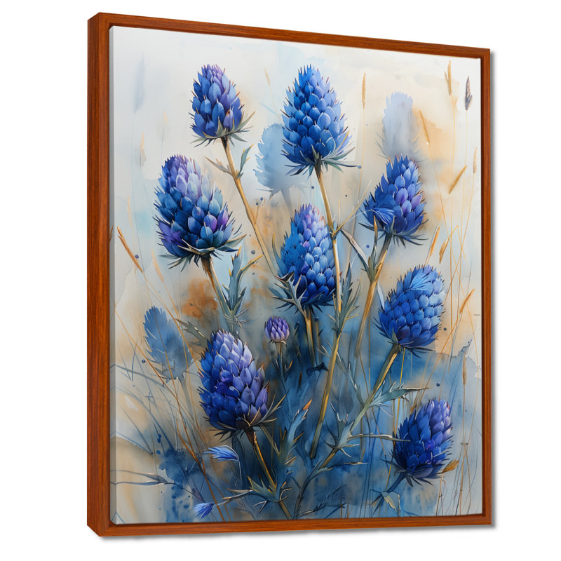 Décoration murale matin chardon bleu d'été II - chardon, H 32 po x l 16 po x P 1 po, Toile avec cadre flottant brun
