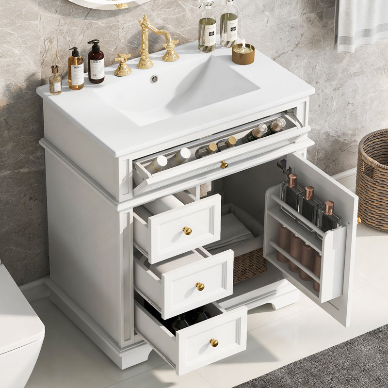 Meuble-lavabo de salle de bain avec lavabo, un tiroir basculant, trois tiroirs, une tablette de porte, une porte à fermeture douce