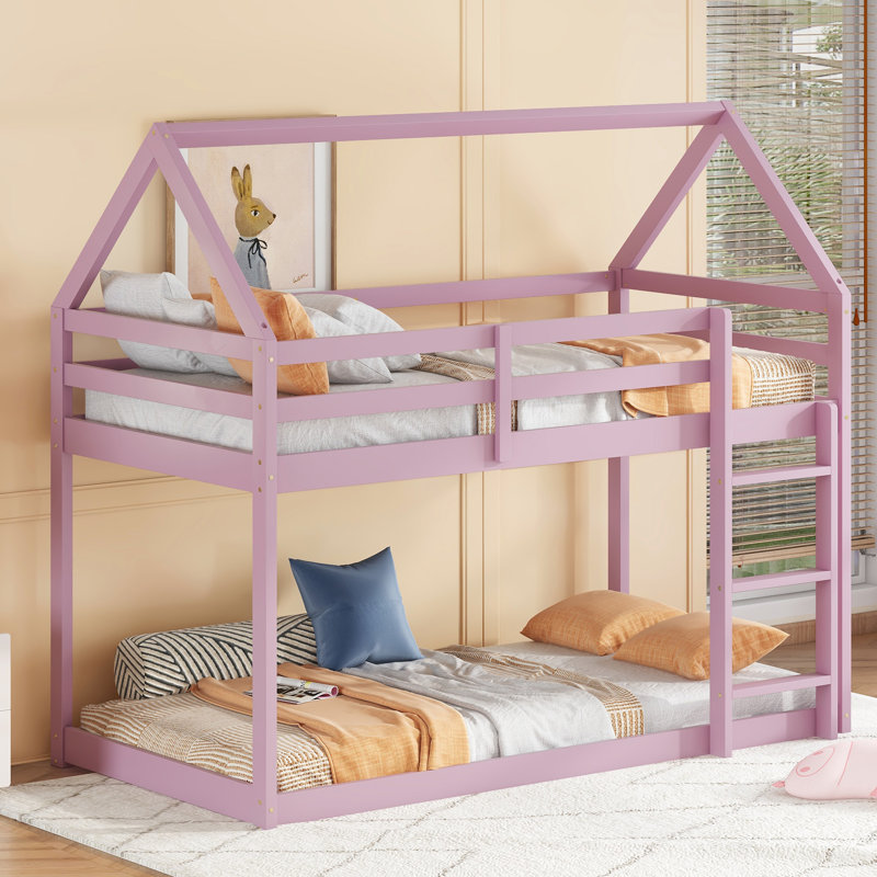 Twin Over Twin Rubber Wood Floor Bunk Bed, With Ladder,Guardrails,House-Shaped-Bunk Bed,Pink, Pink