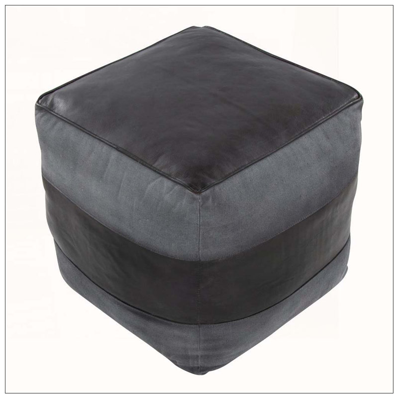 Square Ottoman with Leather and Canvas Stitching