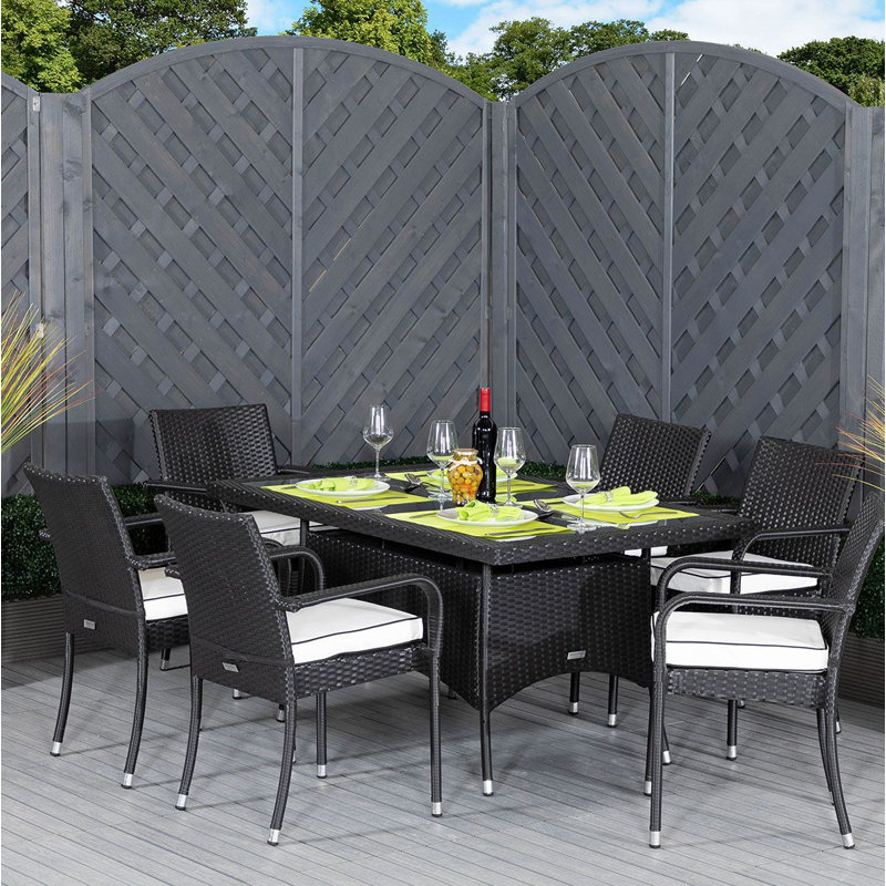 Farmer 6 - Person Patio Dining Set with Rectangular Table , Cushions Included, Black/Vanilla