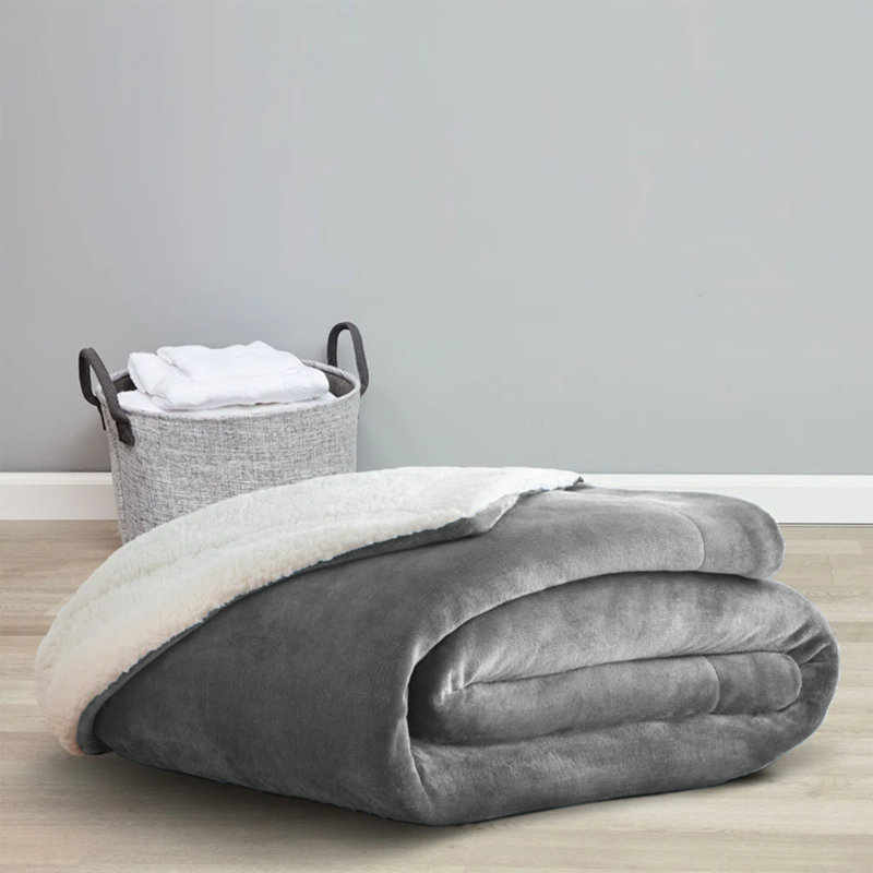 Reversible Soft Sherpa Fleece Fur Thick Dual Sided Blanket Throw, 230cm x 270cm, Silver