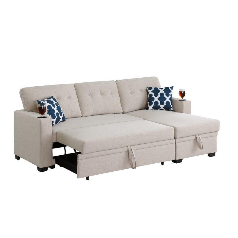 Upholstered L-Shaped Sectional Reversible, Beige Polyester Blend
